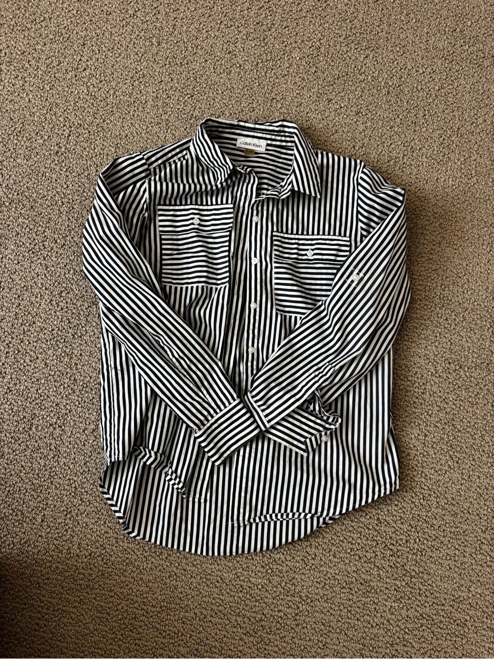 Calvin Klein Men's Black and White Vertical Stripe Button-Down Shirt